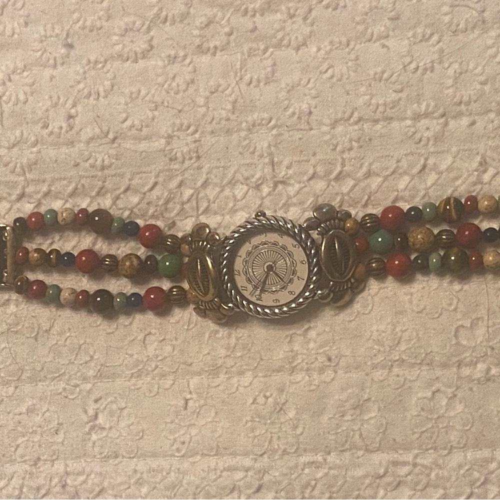 A W Southwestern watch beaded band with jasper, tiger’s eye, lapis.